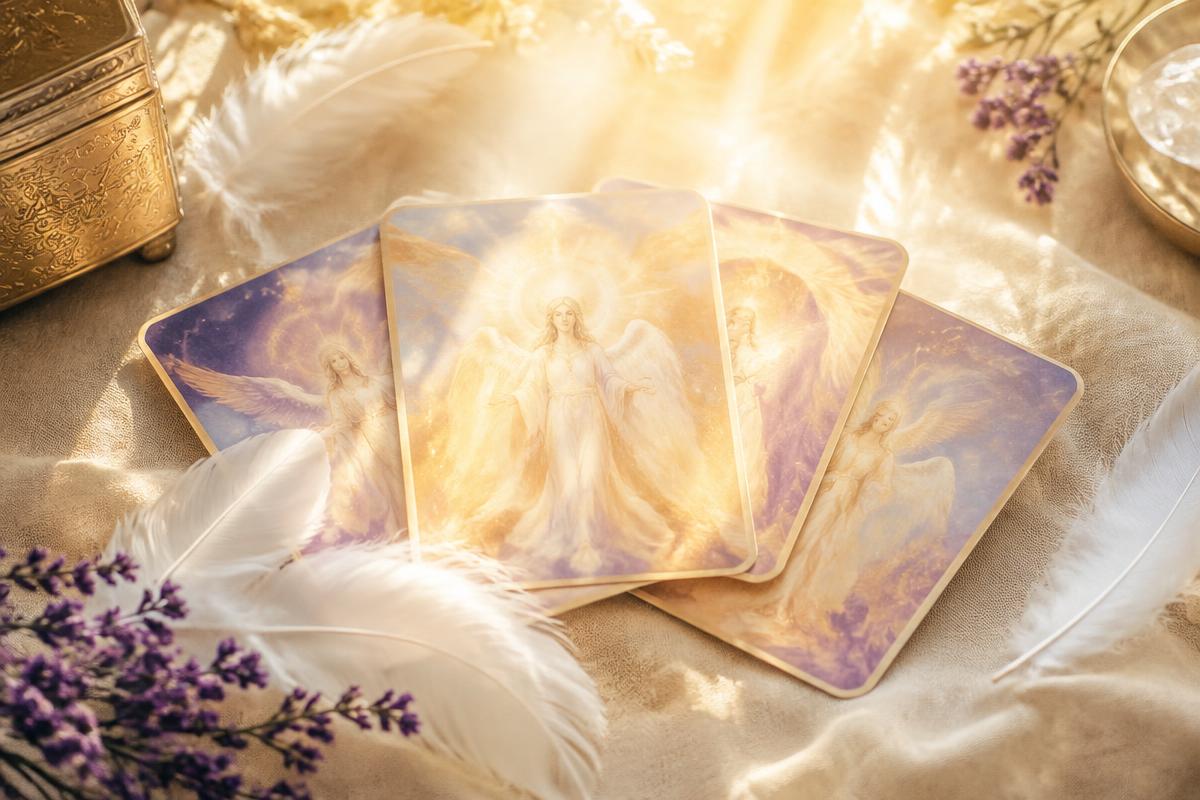 Angel oracle cards arranged for an intuitive reading