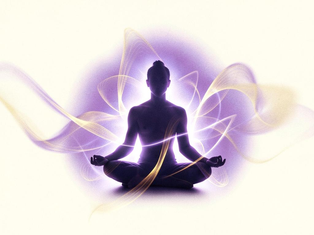 Silhouette of a person seated in meditation with hands resting on the knees, surrounded by a glowing violet aura and flowing ribbons of golden light