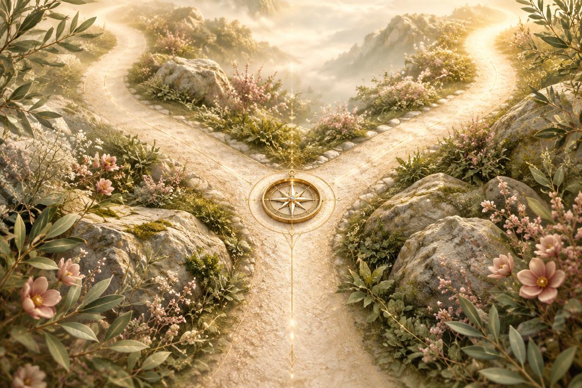 Two luminous paths meeting at a golden compass