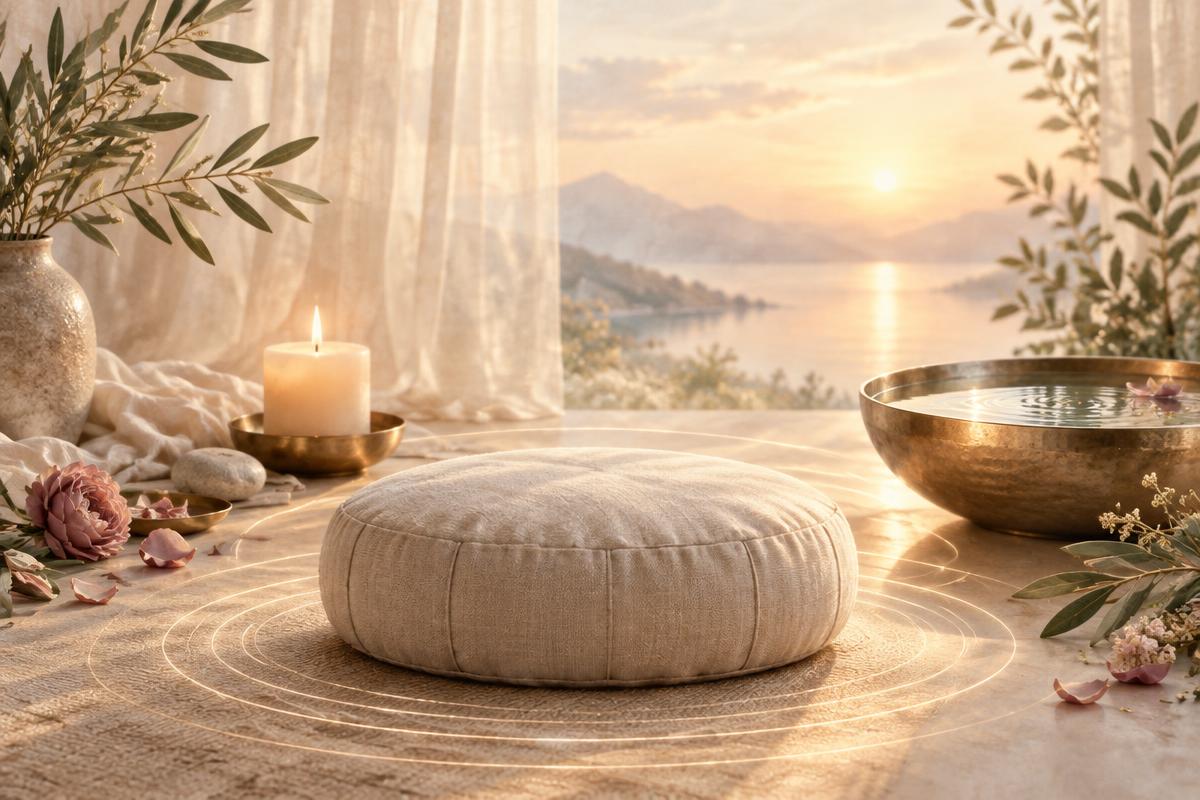 Meditation cushion, candle and singing bowl at sunrise