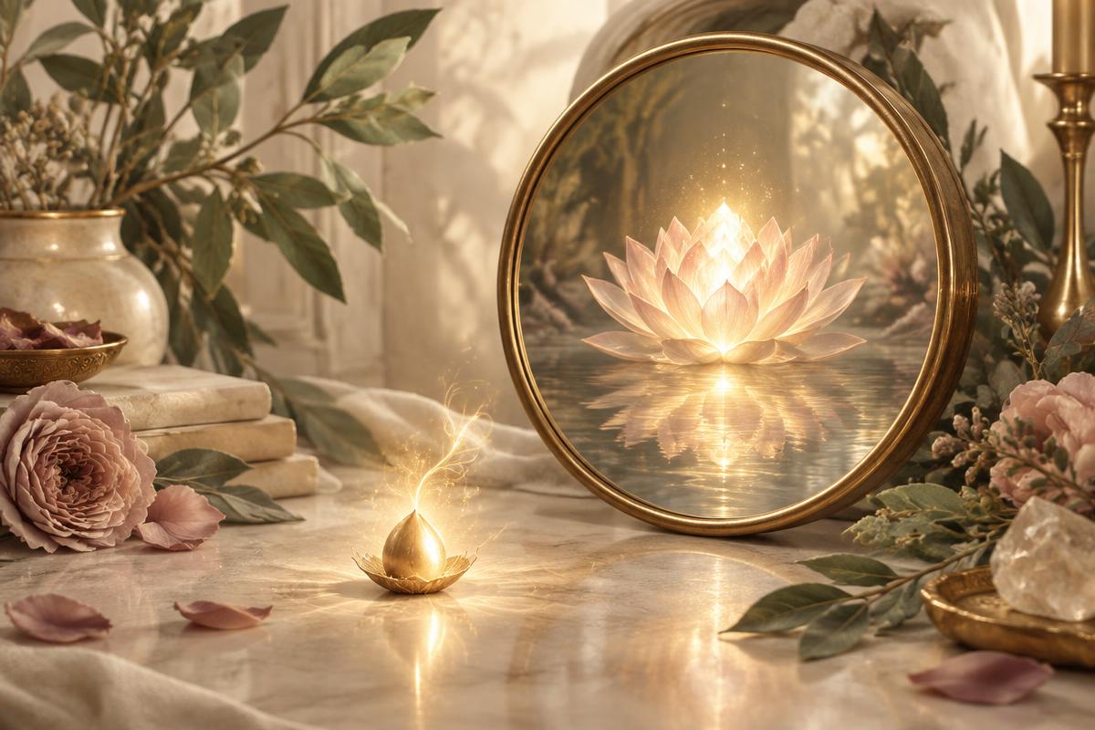 A glowing lotus reflected in a golden mirror