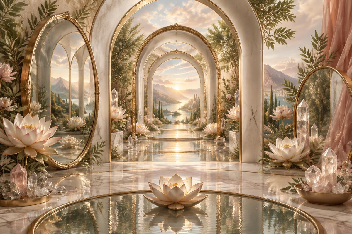 Layered golden mirrors opening toward a radiant horizon